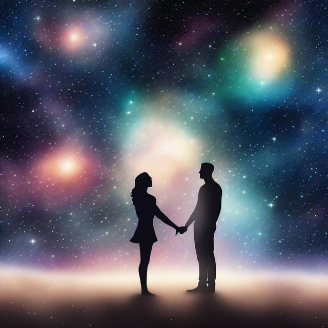 A romantic scene featuring a man and a woman in love, floating together in the vast expanse of the universe