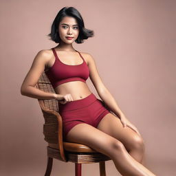 An Indonesian model wearing a sexy short miniset sports bra and short pants in red maroon, sitting elegantly on a vintage chair