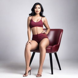 An Indonesian model wearing a sexy short miniset sports bra and short pants in red maroon, sitting elegantly on a vintage chair