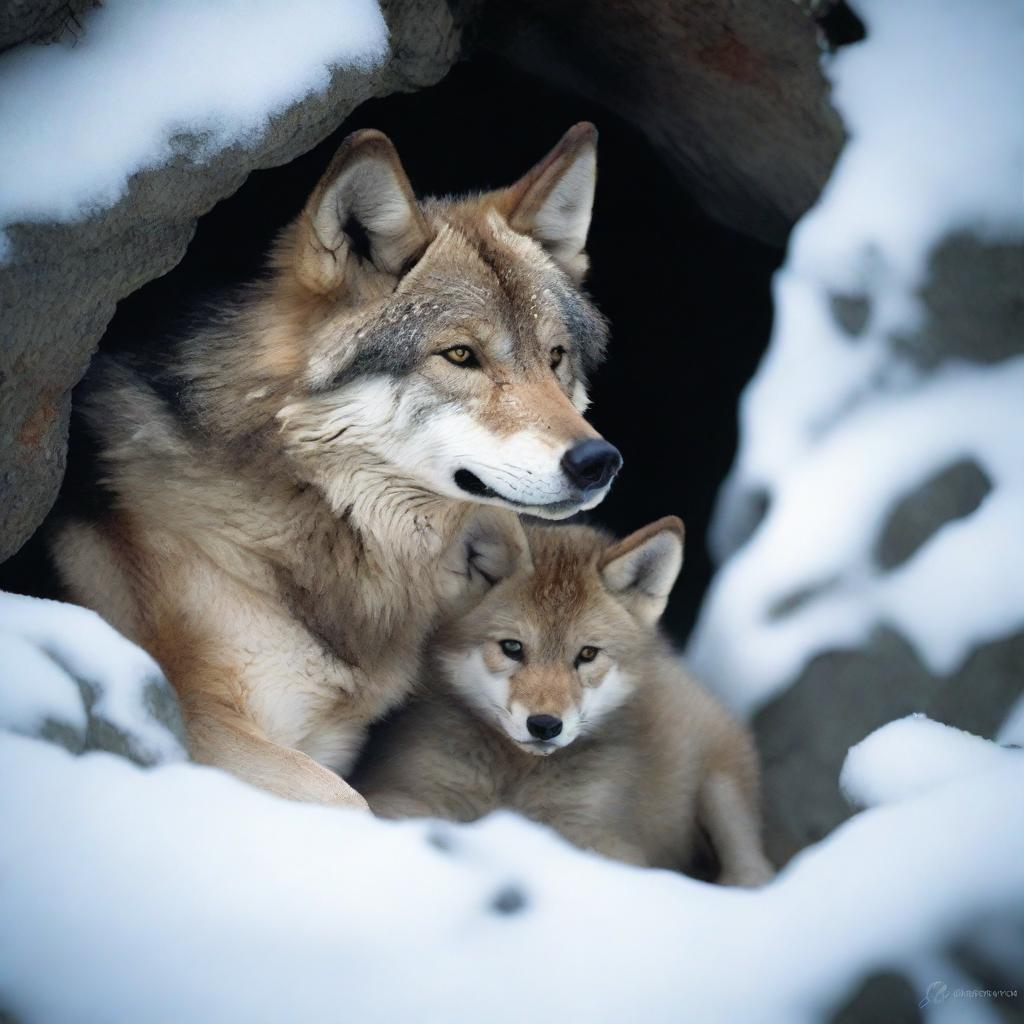 A wolf and its cub find temporary shelter under a rock in a snowy outcrop