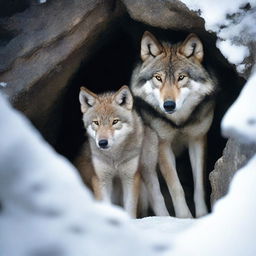 A wolf and its cub find temporary shelter under a rock in a snowy outcrop