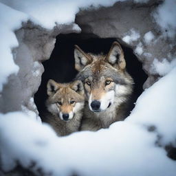 A wolf and its cub find temporary shelter under a rock in a snowy outcrop