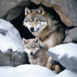 A wolf and its cub find temporary shelter under a rock in a snowy outcrop