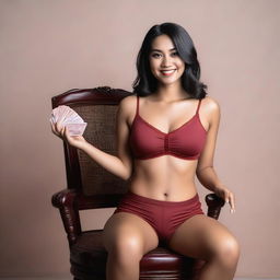 An Indonesian model wearing a sexy sport miniset bra and short pants in red maroon, sitting gracefully on a vintage chair