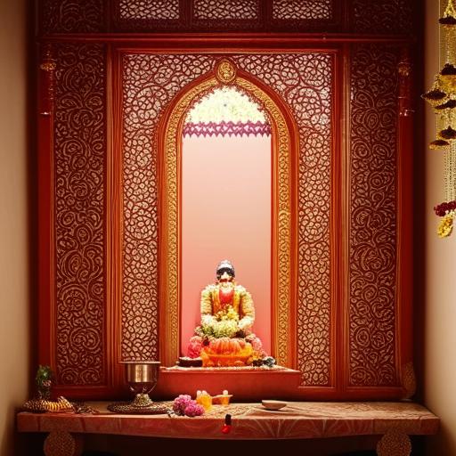 Elegant and serene pooja room interior with traditional Indian motifs, spiritual decor, and tranquil lighting.