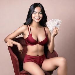 An Indonesian model wearing a sexy sport miniset bra and short pants in red maroon, sitting gracefully on a vintage chair