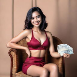 An Indonesian model wearing a sexy sport miniset bra and short pants in red maroon, sitting gracefully on a vintage chair