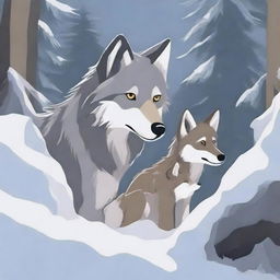 A wolf and its cub find temporary shelter under a rock outcrop in a snowy forest