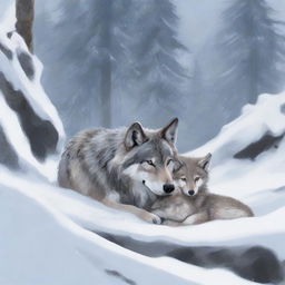 A wolf and its cub find temporary shelter under a rock outcrop in a snowy forest