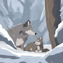 A wolf and its cub find temporary shelter under a rock outcrop in a snowy forest