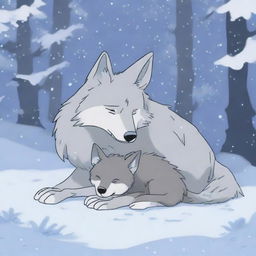 A baby wolf whimpers and snuggles close to its injured mother in a snowy forest, depicted in Studio Ghibli style