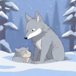 A baby wolf whimpers and snuggles close to its injured mother in a snowy forest, depicted in Studio Ghibli style