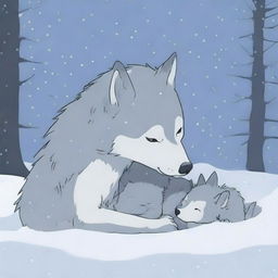 A baby wolf whimpers and snuggles close to its injured mother in a snowy forest, depicted in Studio Ghibli style