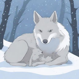 A baby wolf whimpers and snuggles close to its injured mother in a snowy forest, depicted in Studio Ghibli style