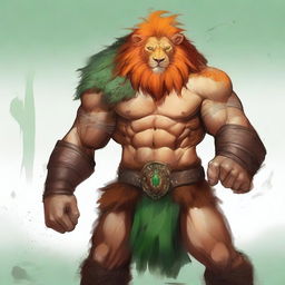 A 6ft 5in Leonin male barbarian with a mix of an orange and copper mane, traditional yellowish lion fur, and emerald green eyes