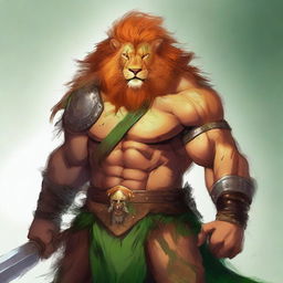 A 6ft 5in Leonin male barbarian with a mix of an orange and copper mane, traditional yellowish lion fur, and emerald green eyes