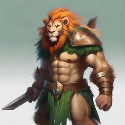 A 6ft 5in Leonin male barbarian with a mix of an orange and copper mane, traditional yellowish lion fur, and emerald green eyes