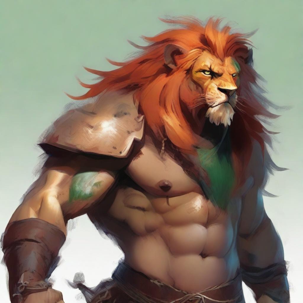 A 6ft 5in Leonin male barbarian with a mix of an orange and copper mane, traditional yellowish lion fur, and emerald green eyes