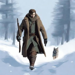 The scene shifts to a hunter tracking through the snow, carrying a rifle