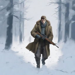 The scene shifts to a hunter tracking through the snow, carrying a rifle