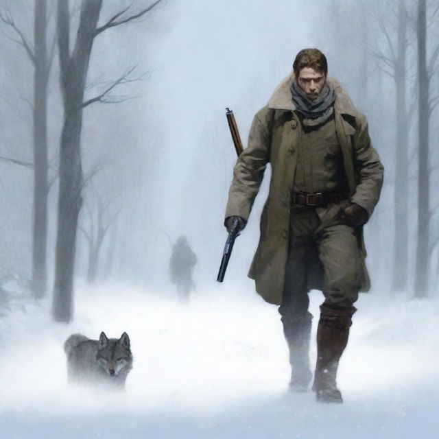 The scene shifts to a hunter tracking through the snow, carrying a rifle