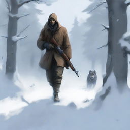 The scene shifts to a hunter tracking through the snow, carrying a rifle