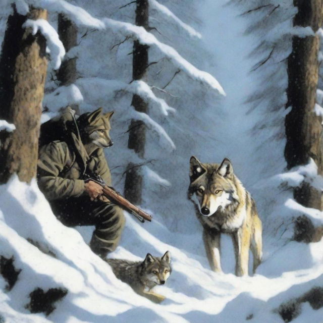 A hunter spots a wolf and its cub taking shelter under a rock outcrop in a snowy forest