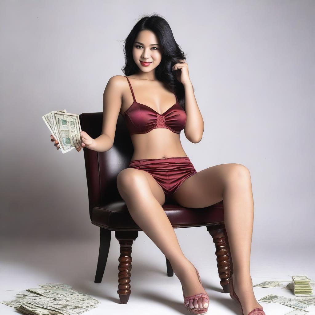 An Indonesian model wearing a sexy short miniset bra and short pants in red maroon, sitting elegantly on a vintage chair and holding Rupiah banknotes