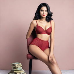 An Indonesian model wearing a sexy short miniset bra and short pants in red maroon, sitting elegantly on a vintage chair and holding Rupiah banknotes