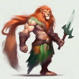 A 6ft 5in Leonin male barbarian with a mix of an orange and copper mane, traditional yellowish lion fur, and bright emerald green eyes that almost seem to glow