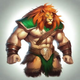 A 6ft 5in Leonin male barbarian with a mix of an orange and copper mane, traditional yellowish lion fur, and bright emerald green eyes that almost seem to glow