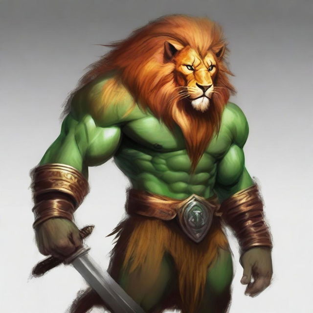 A 6ft 5in Leonin male barbarian with a mix of an orange and copper mane, traditional yellowish lion fur, and bright emerald green eyes that almost seem to glow