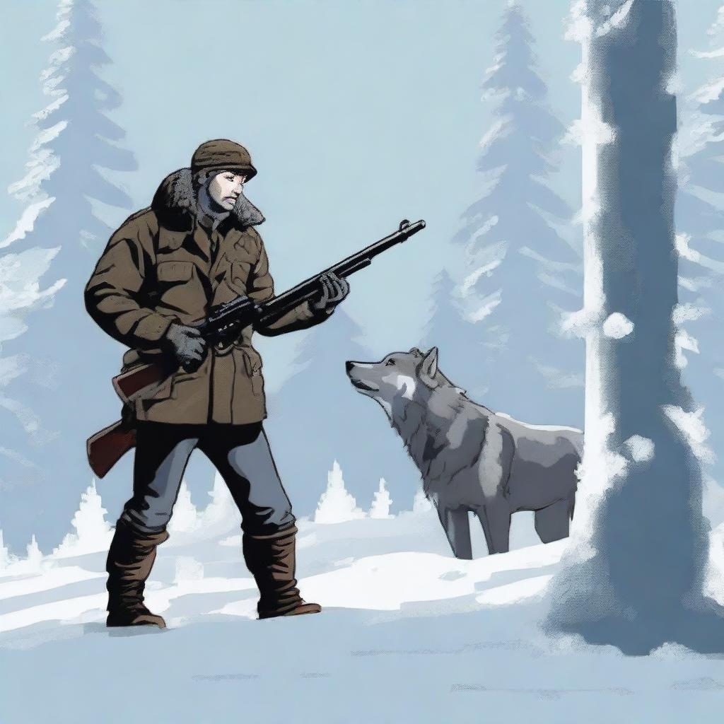 A hunter spots a wolf in a snowy forest and aims his rifle