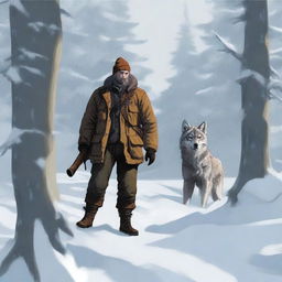 A hunter spots a wolf in a snowy forest and aims his rifle