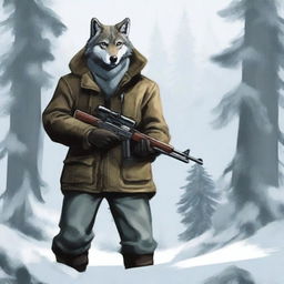 A hunter spots a wolf in a snowy forest and aims his rifle