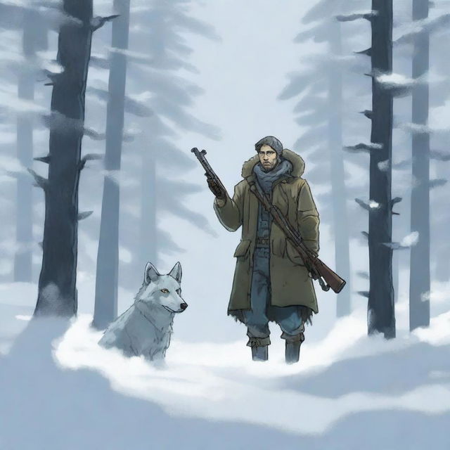 A hunter spots a wolf in a snowy forest and aims his rifle