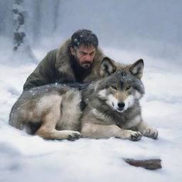 A hunter spots a tired and injured wolf lying in the snow with its baby