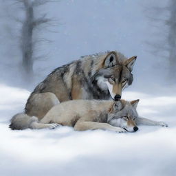 A hunter spots a tired and injured wolf lying in the snow with its baby