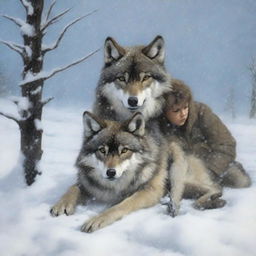 A hunter spots a tired and injured wolf lying in the snow with its baby