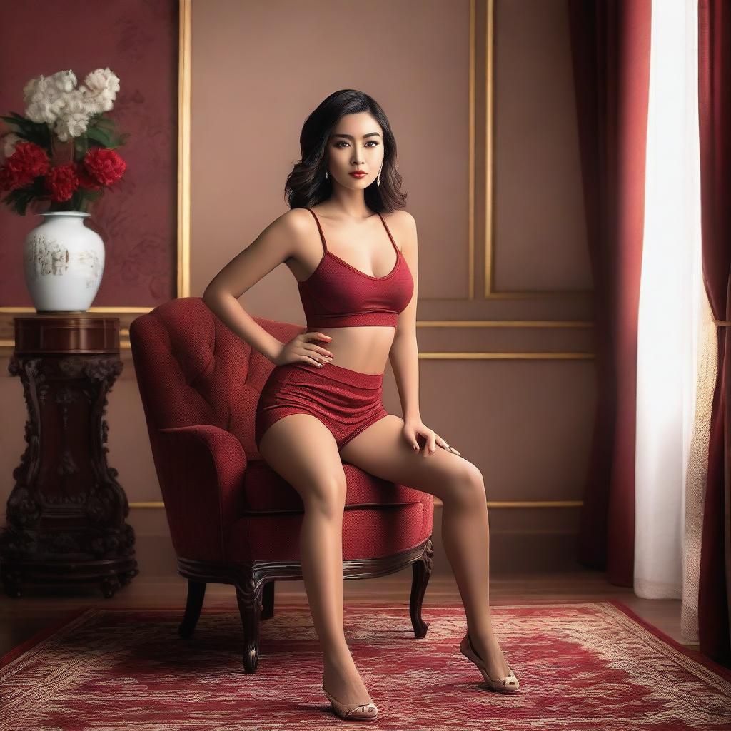 An Indonesian model wearing a sexy short miniset sports bra and short pants in red maroon, sitting elegantly on a vintage chair with her elbow resting on the back of the chair