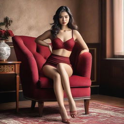 An Indonesian model wearing a sexy short miniset sports bra and short pants in red maroon, sitting elegantly on a vintage chair with her elbow resting on the back of the chair