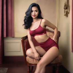 An Indonesian model wearing a sexy short miniset sports bra and short pants in red maroon, sitting elegantly on a vintage chair with her elbow resting on the back of the chair