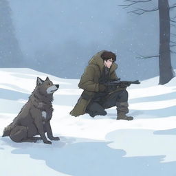 A hunter spots a tired and injured wolf in the snow and aims his rifle to shoot the wolf