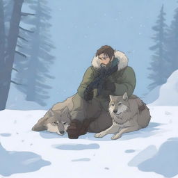 A hunter spots a tired and injured wolf in the snow and aims his rifle to shoot the wolf