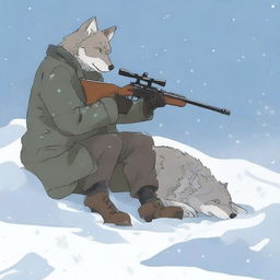 A hunter spots a tired and injured wolf in the snow and aims his rifle to shoot the wolf