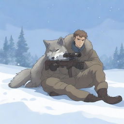 A hunter spots a tired and injured wolf in the snow and aims his rifle to shoot the wolf