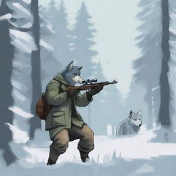 In a snowy forest, a hunter spots a wolf far away and aims his rifle to shoot