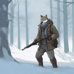 In a snowy forest, a hunter spots a wolf far away and aims his rifle to shoot