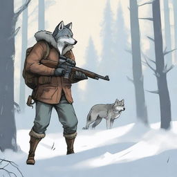 In a snowy forest, a hunter spots a wolf far away and aims his rifle to shoot