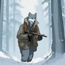 In a snowy forest, a hunter spots a wolf far away and aims his rifle to shoot